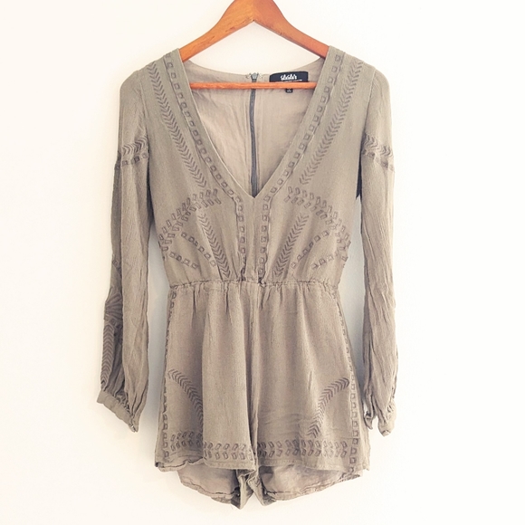 Olive Green Embroidered Romper - Picture 2 of 10